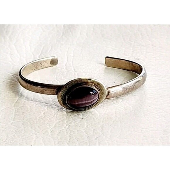Vintage Taxco Sterling Silver Bracelet Cuff Purple Cat Eye Modern Mexico 21.53g